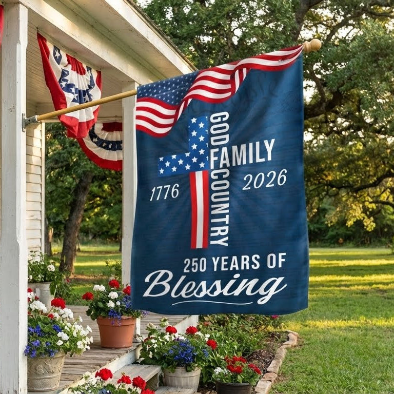 250 Years of Blessing God Patriotic Flag - Double-Sided Canvas, 3 Sizes Available