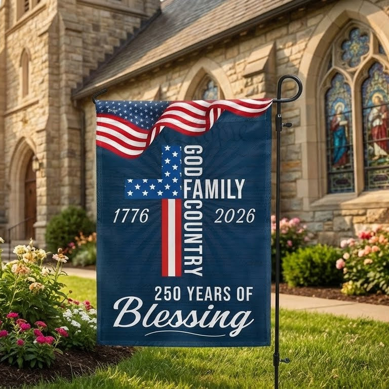 250 Years of Blessing God Patriotic Flag - Double-Sided Canvas, 3 Sizes Available