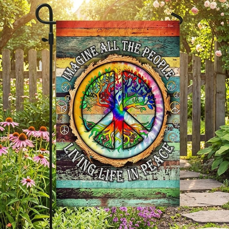 Imagine All The People Living Life In Peace Hippie Flag