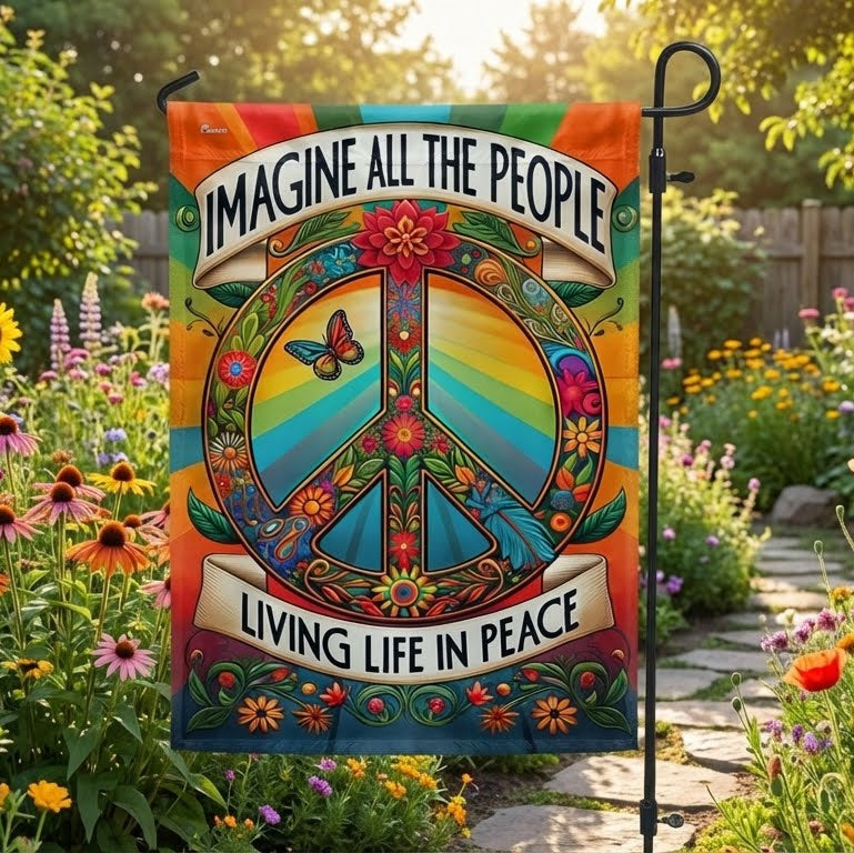 Peace Sign Hippie Flag Double-Sided Canvas - Imagine All The People Living Life In Peace