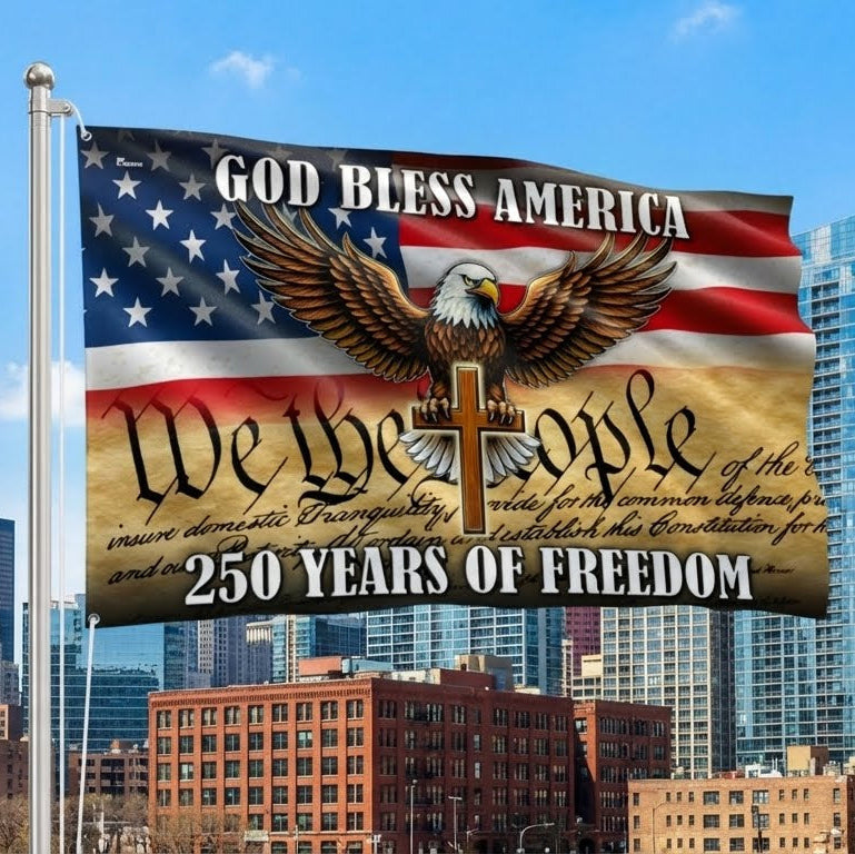 We The People Eagle Cross Grommet Flag - 250 Years of Freedom