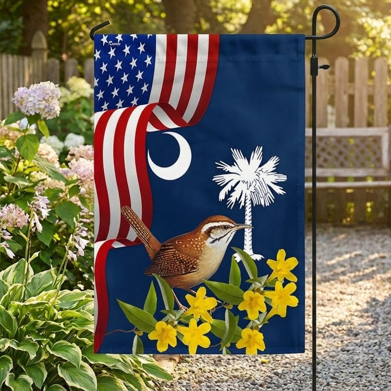South Carolina Yellow Jessamine Flower and Carolina Wren Double-Sided Flag