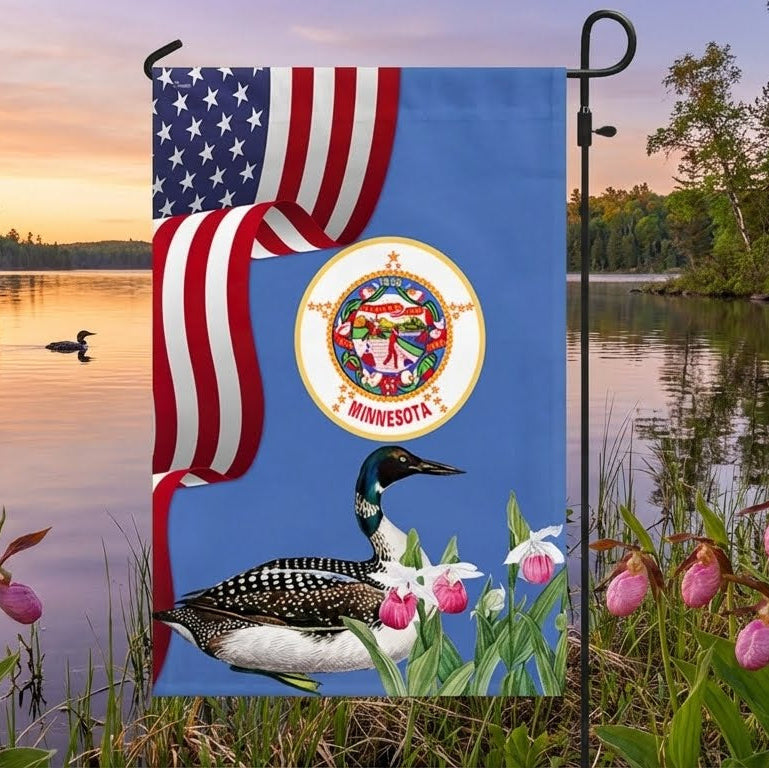 Minnesota State Lady's Slipper Flower and Loon Double-Sided Flag