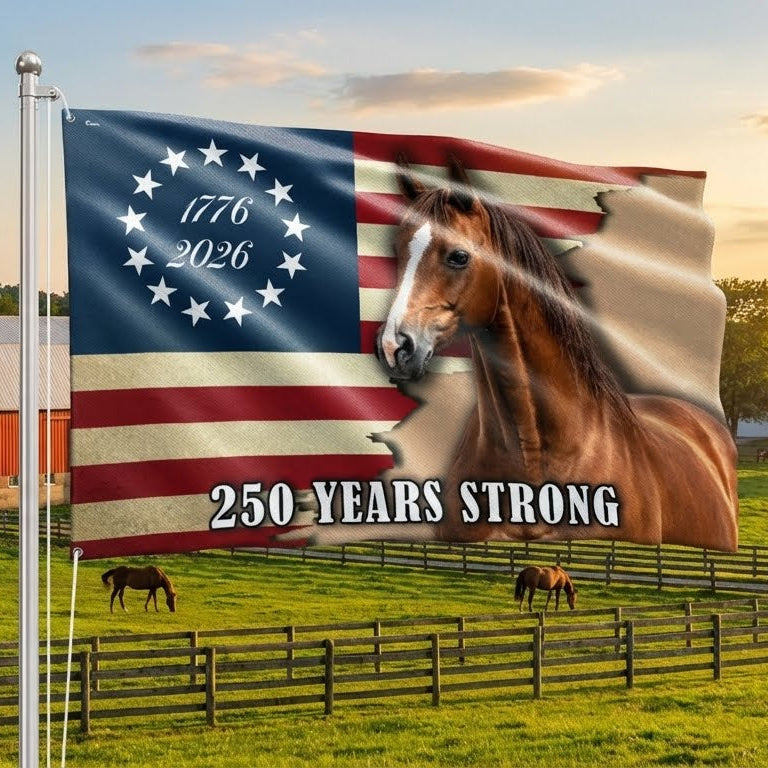 250 Years Strong American Horse Flag - Double-Sided Canvas with Grommets