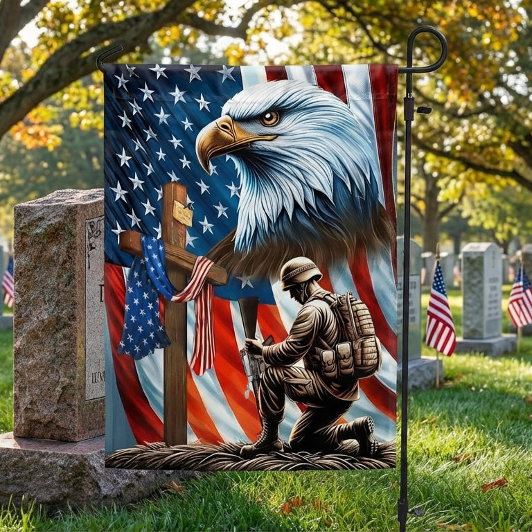 Patriotic Eagle Kneeling Soldier American Flag - Double-Sided Canvas, Memorial Day Decor