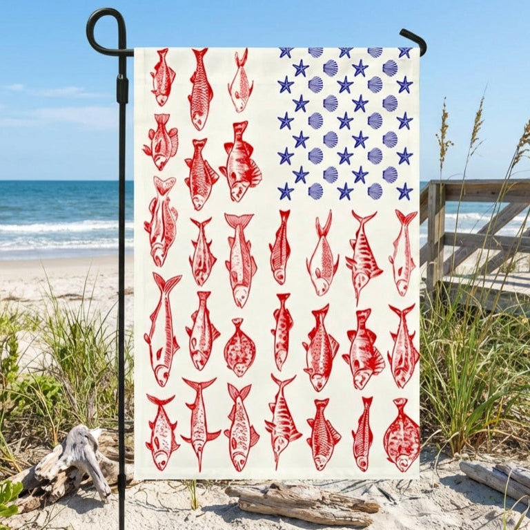 Fish & Sea Shells American Flag - Nautical Summer Decor for Independence Day