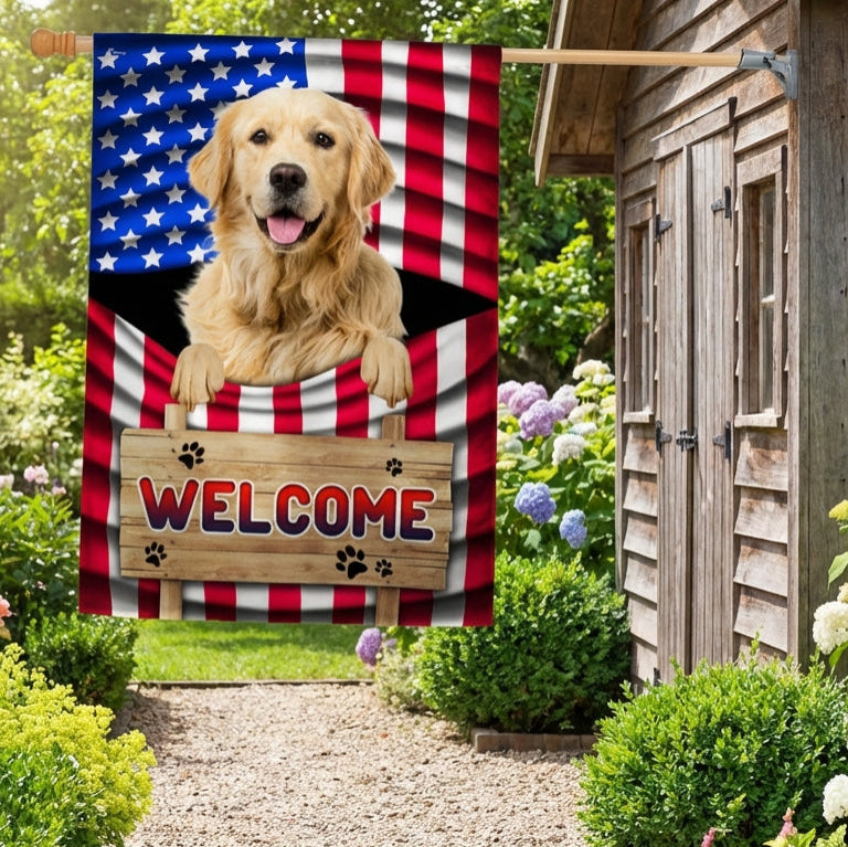 Golden Retriever Welcome Flag with American Flag Design