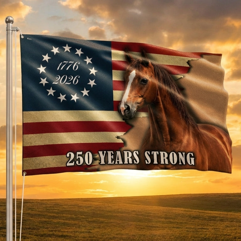250 Years Strong American Horse Flag - Double-Sided Canvas with Grommets