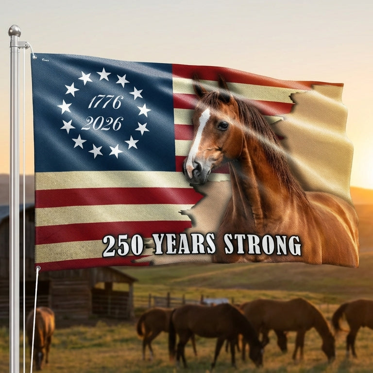 250 Years Strong American Horse Flag - Double-Sided Canvas with Grommets