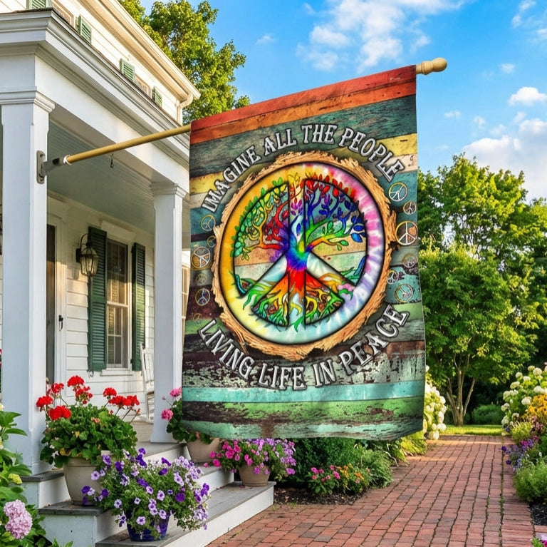 Imagine All The People Living Life In Peace Hippie Flag