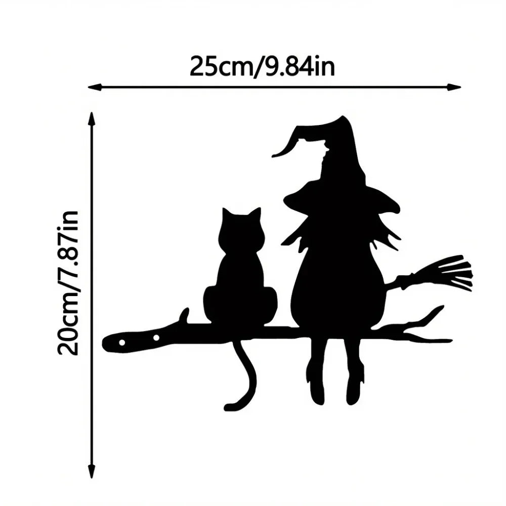 Witch and Cat Garden Stake Decoration - Black Iron Art Deco