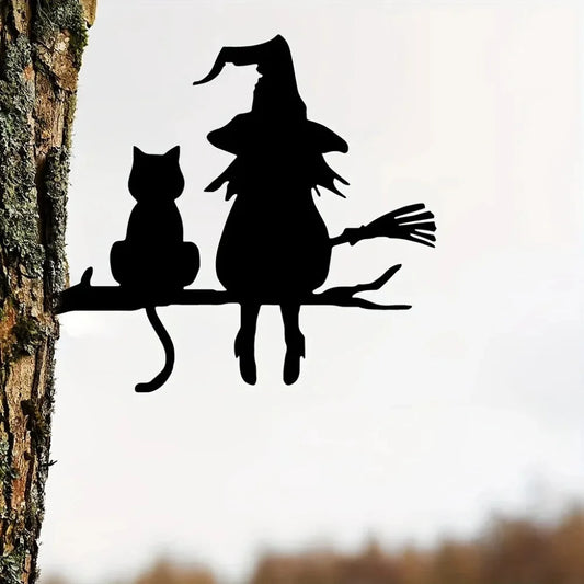 Witch and Cat Garden Stake Decoration - Black Iron Art Deco