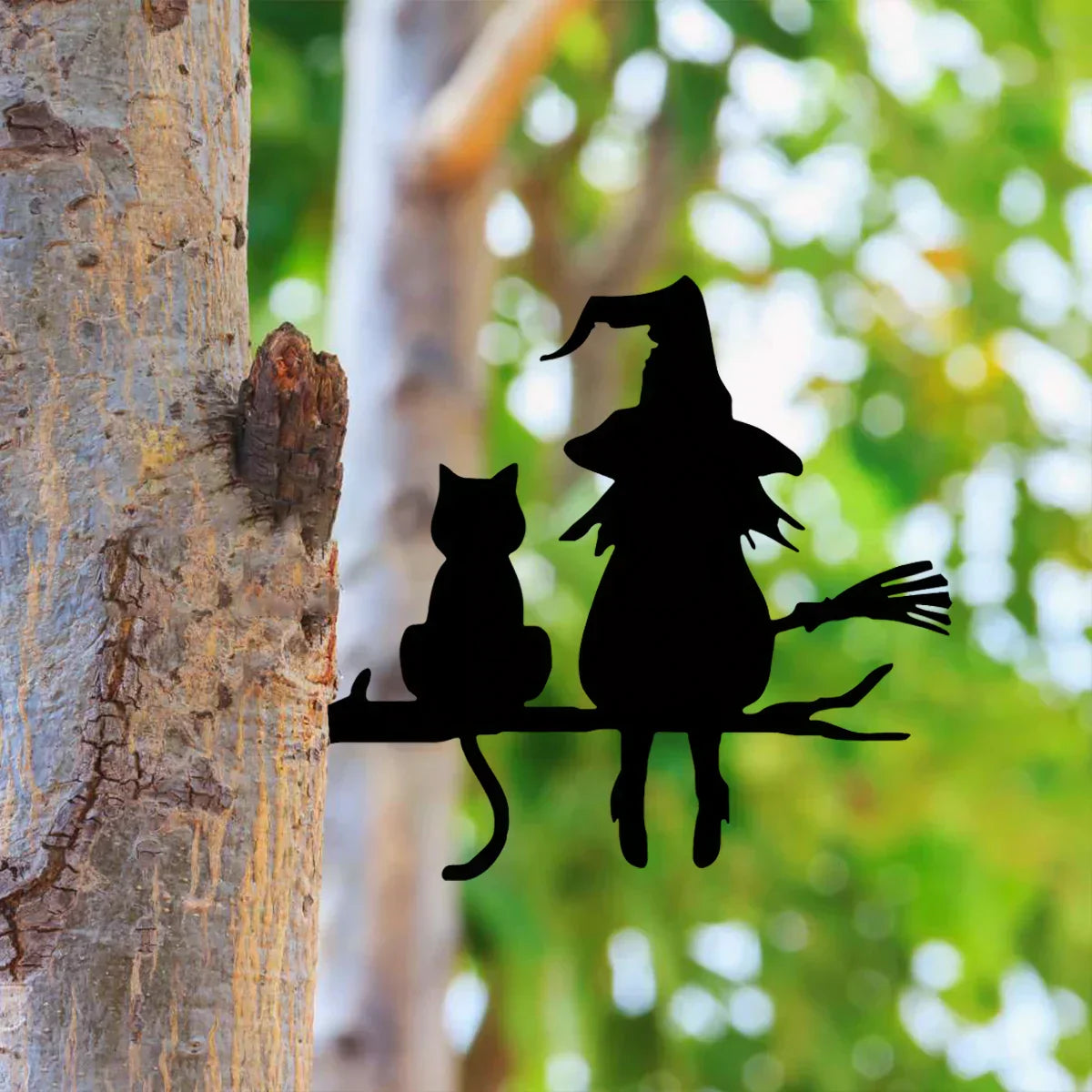 Witch and Cat Garden Stake Decoration - Black Iron Art Deco