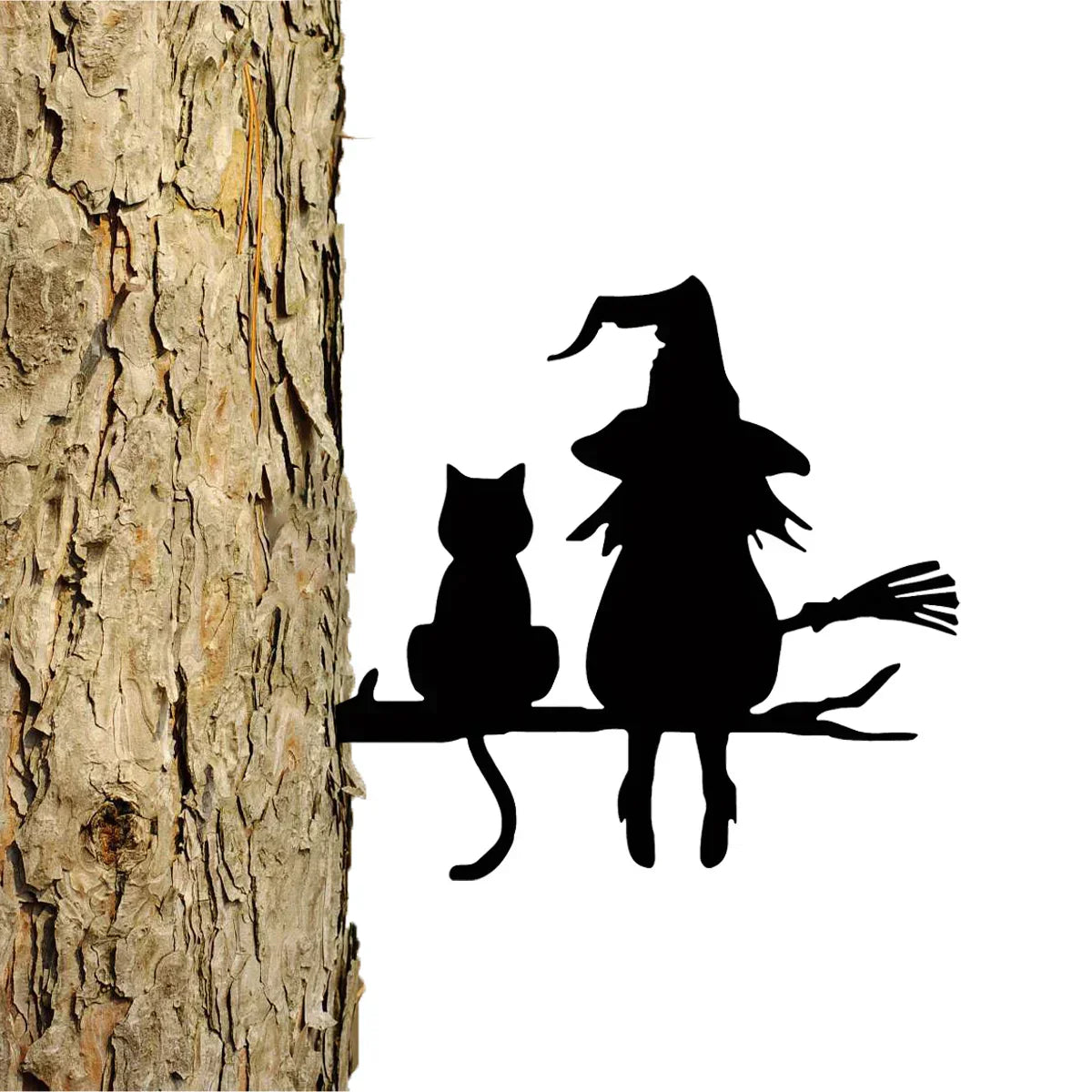 Witch and Cat Garden Stake Decoration - Black Iron Art Deco
