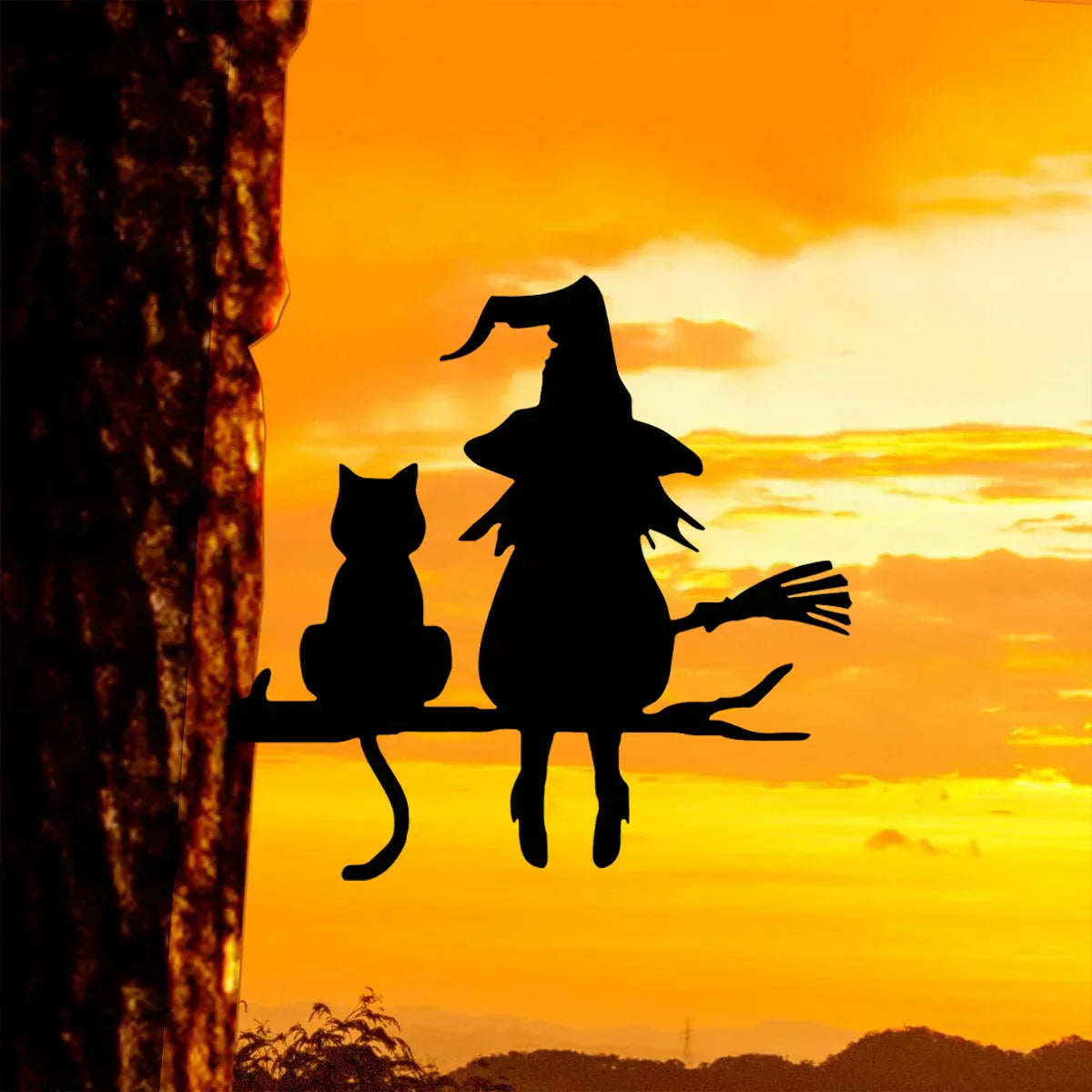Witch and Cat Garden Stake Decoration - Black Iron Art Deco
