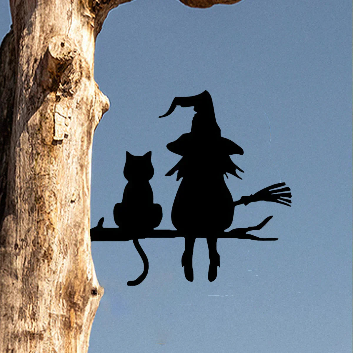 Witch and Cat Garden Stake Decoration - Black Iron Art Deco