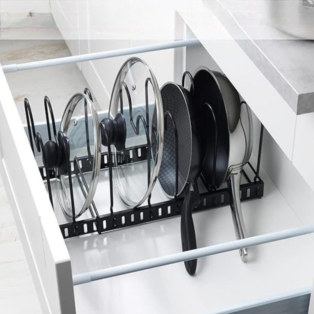 Adjustable Iron Pot Lid and Utensils Storage Rack