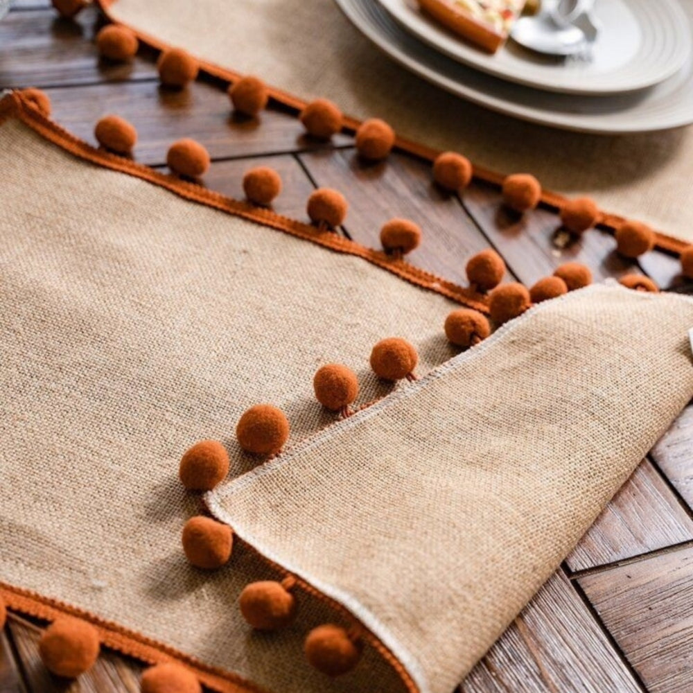 Bohemian Jute Table Runner with Orange Pom-Poms