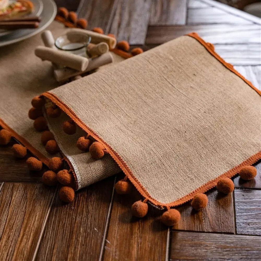 Bohemian Jute Table Runner with Orange Pom-Poms