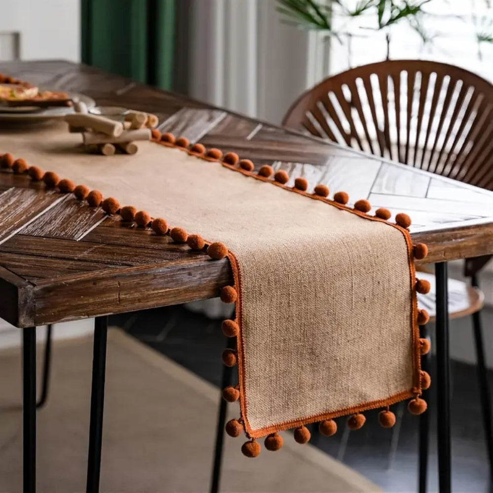 Bohemian Jute Table Runner with Orange Pom-Poms