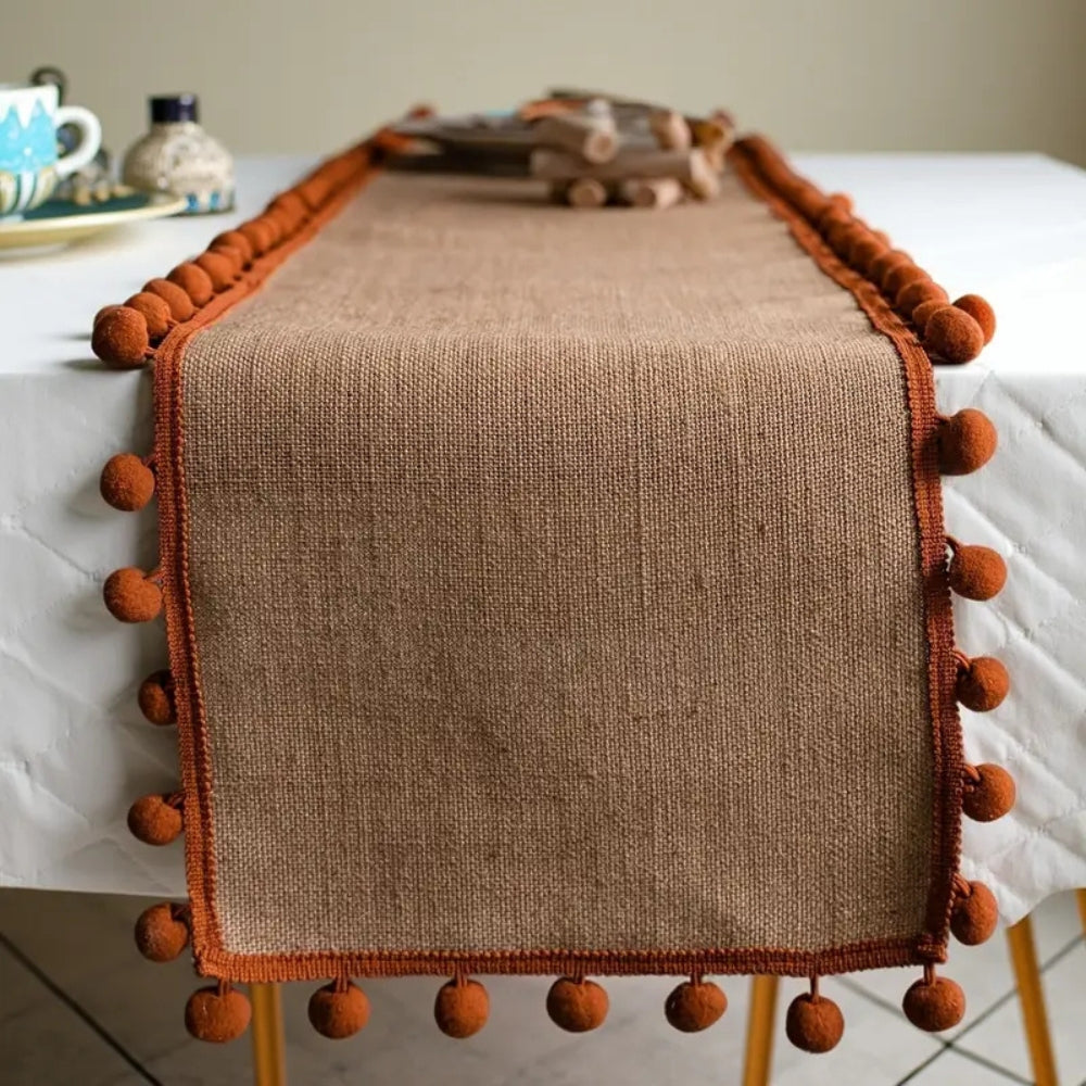 Bohemian Jute Table Runner with Orange Pom-Poms