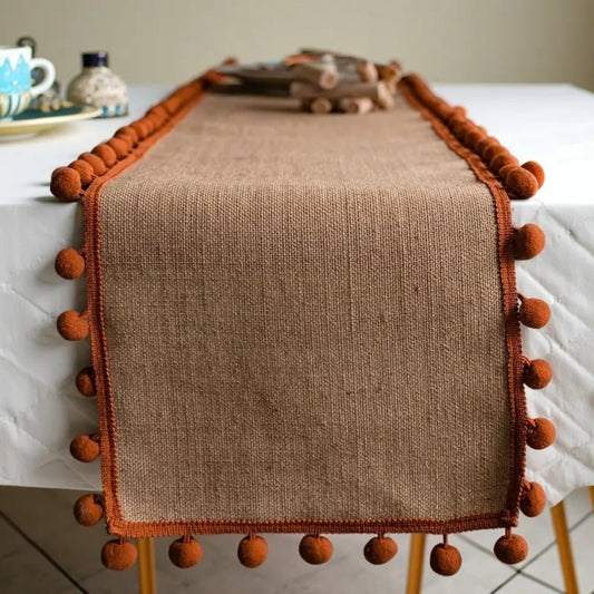 Bohemian Jute Table Runner with Orange Pom-Poms