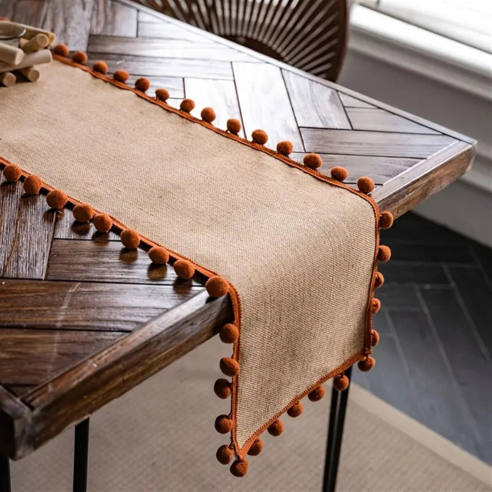 Bohemian Jute Table Runner with Orange Pom-Poms