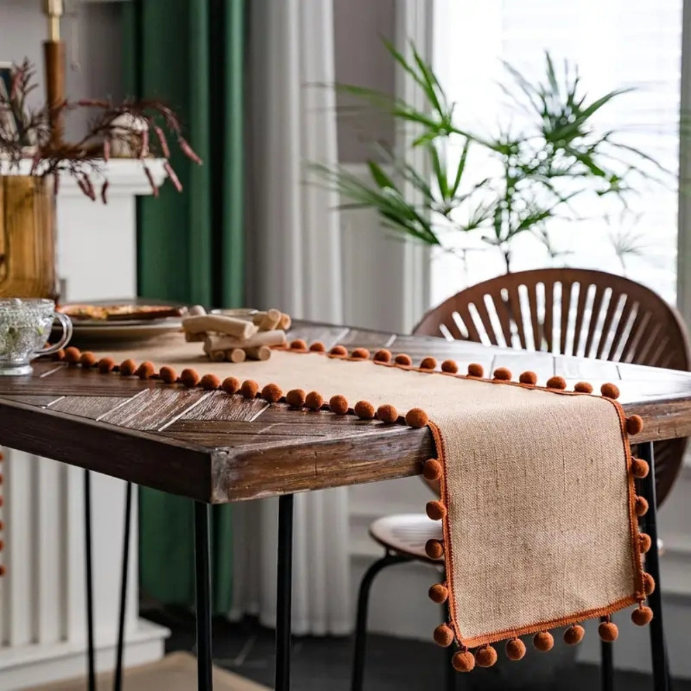 Bohemian Jute Table Runner with Orange Pom-Poms