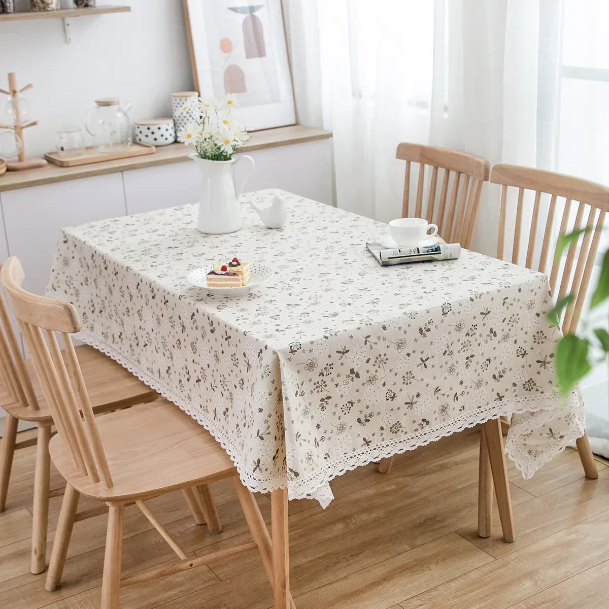 Cotton-Linen Daisy Tablecloth for Rustic Dining
