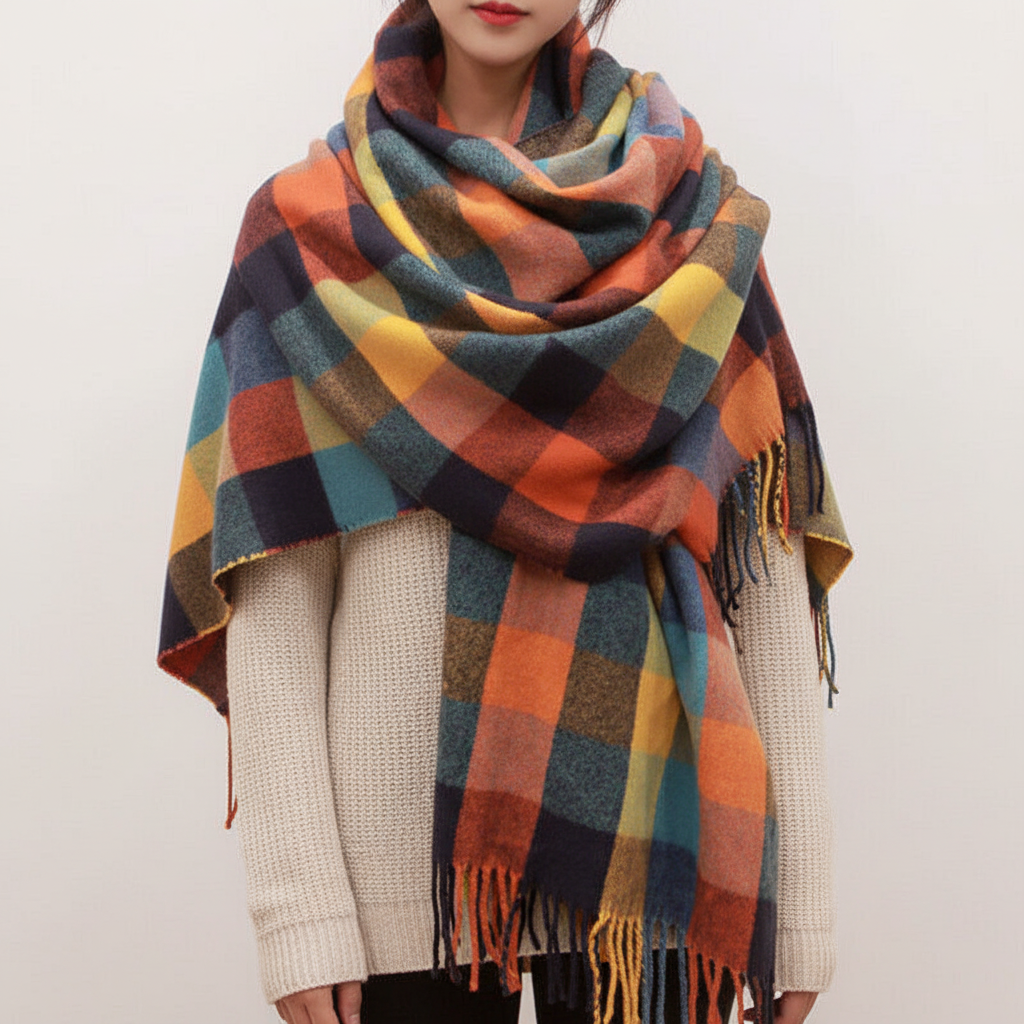 Oversized Checked Cashmere Scarf with Fringed Edges
