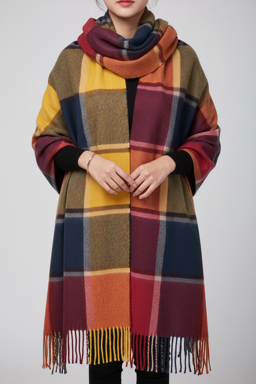 Oversized Checked Cashmere Scarf with Fringed Edges