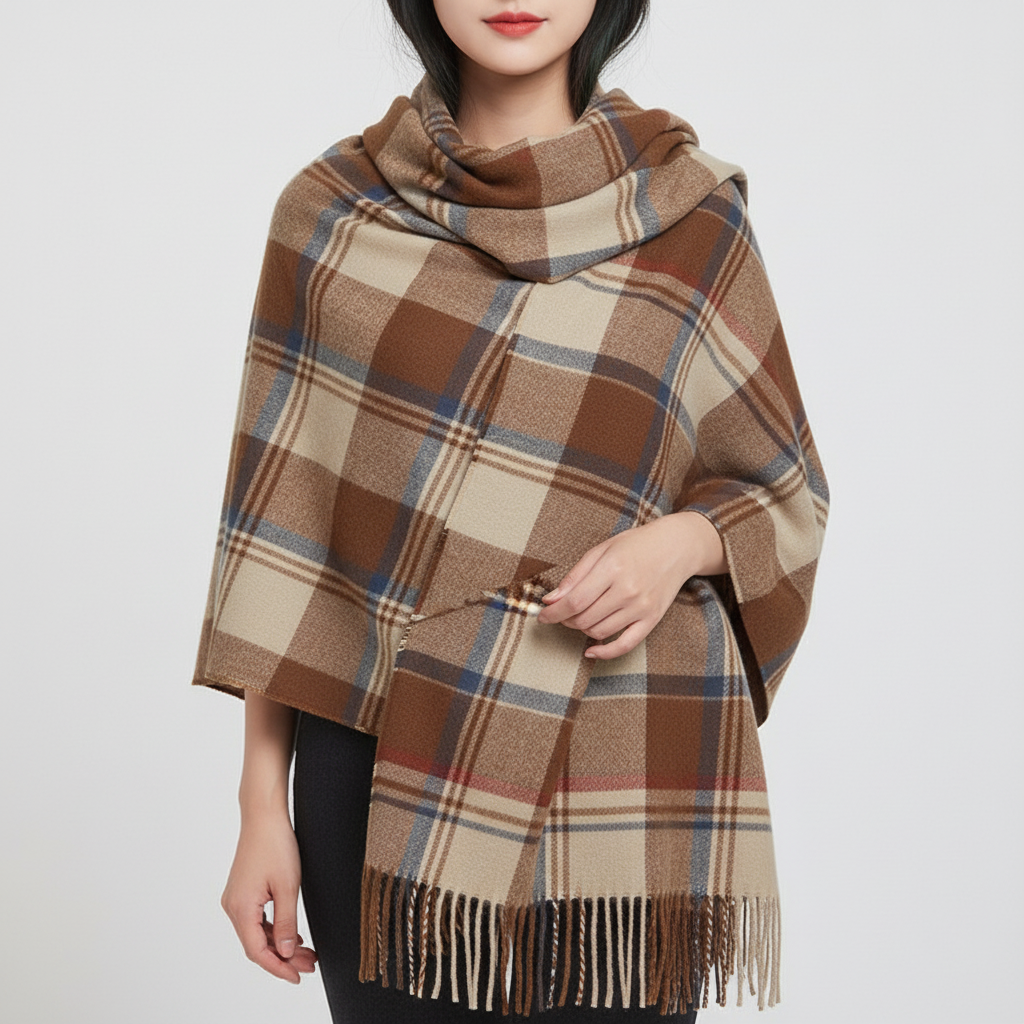 Oversized Checked Cashmere Scarf with Fringed Edges