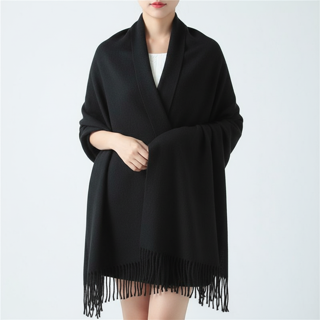 Oversized Checked Cashmere Scarf with Fringed Edges