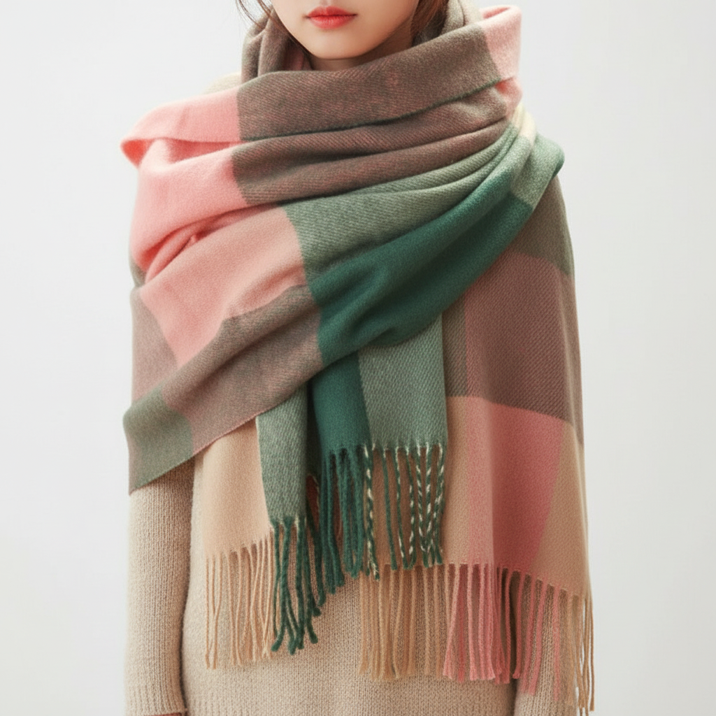 Oversized Checked Cashmere Scarf with Fringed Edges