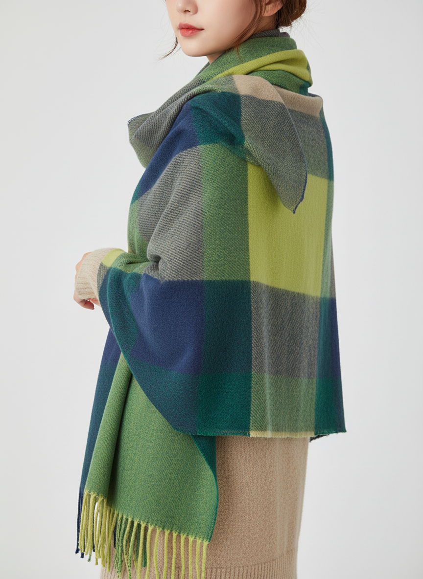 Oversized Checked Cashmere Scarf with Fringed Edges