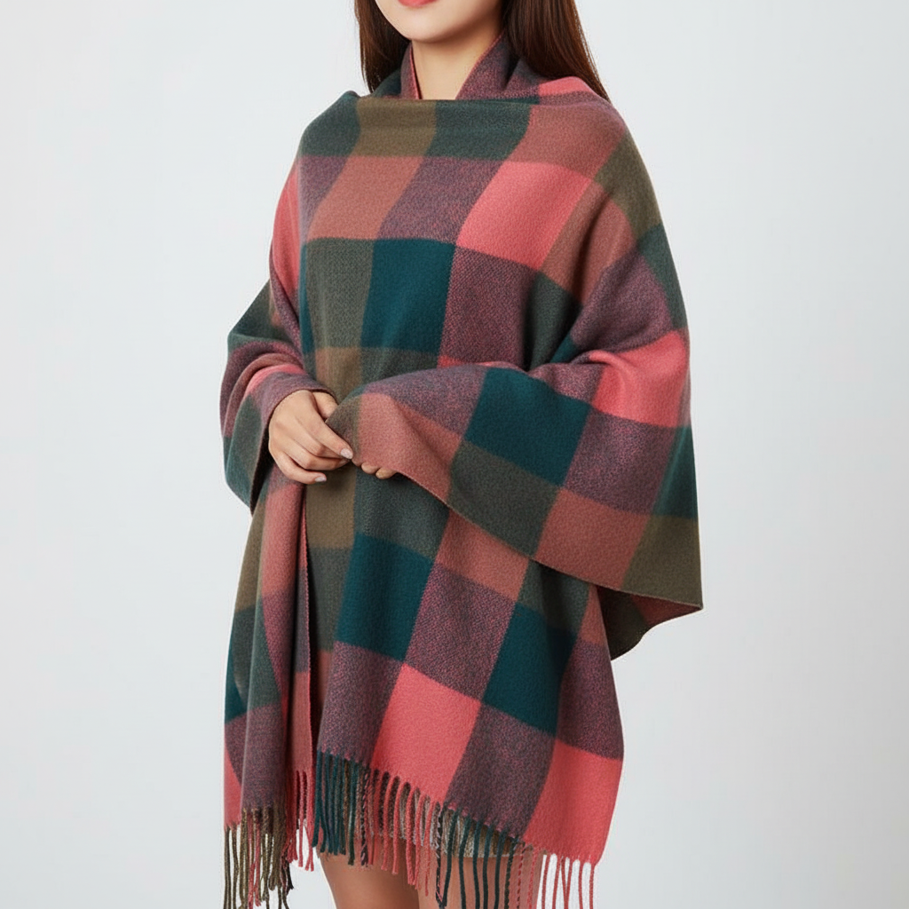 Oversized Checked Cashmere Scarf with Fringed Edges