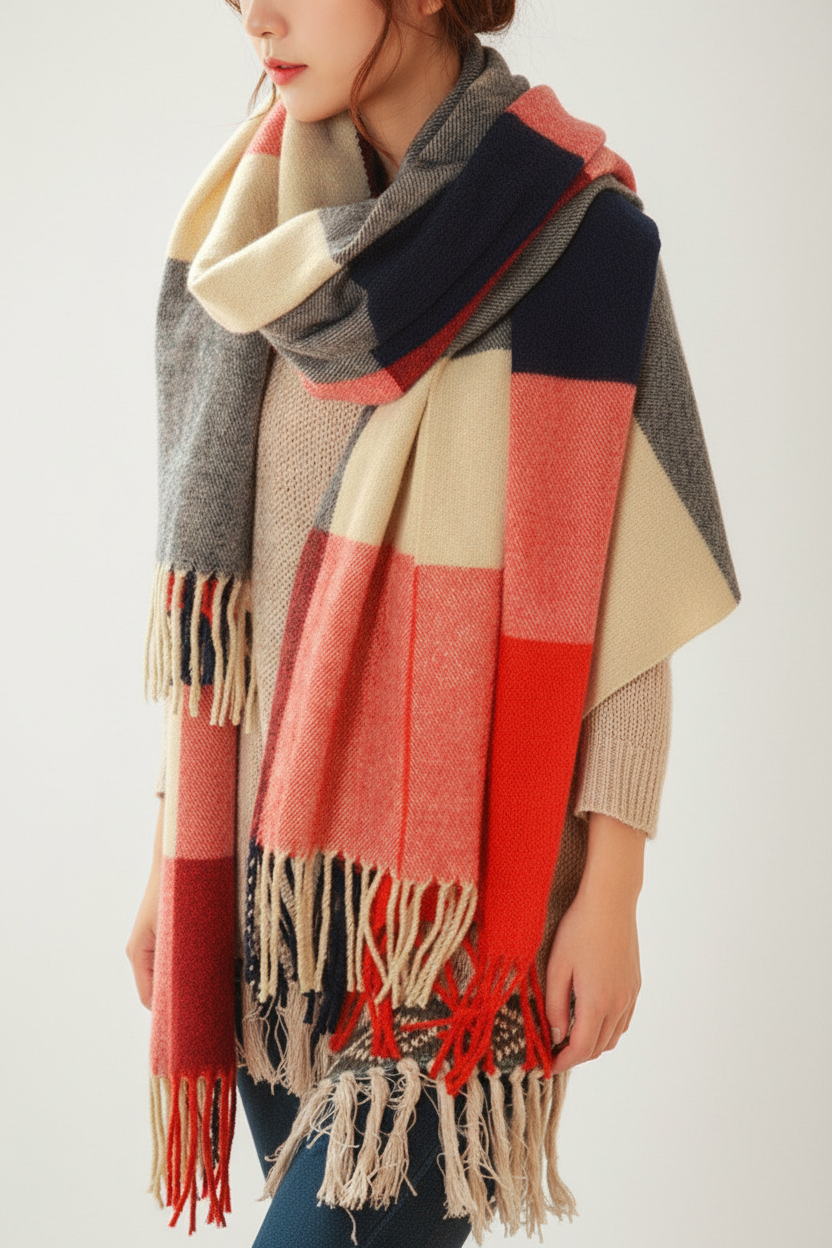 Oversized Checked Cashmere Scarf with Fringed Edges