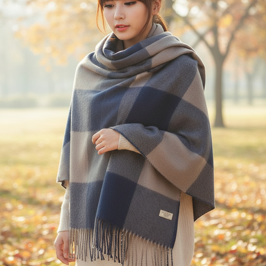 Oversized Checked Cashmere Scarf with Fringed Edges