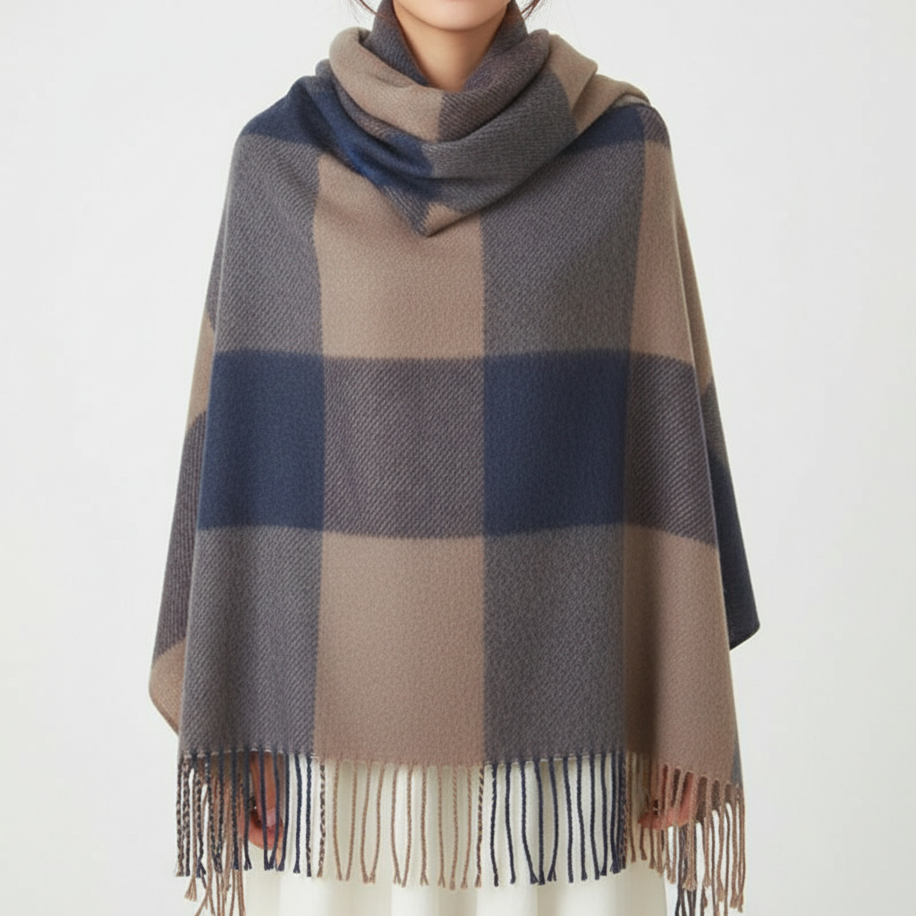 Oversized Checked Cashmere Scarf with Fringed Edges