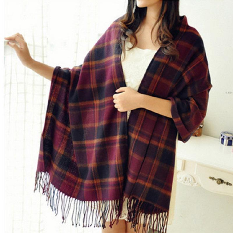 Oversized Checked Cashmere Scarf with Fringed Edges