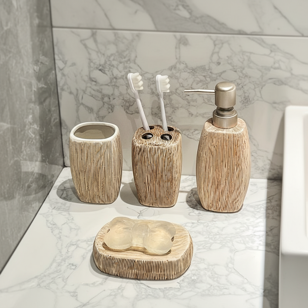 Ceramic Bathroom Accessory Set with Wood Grain Finish