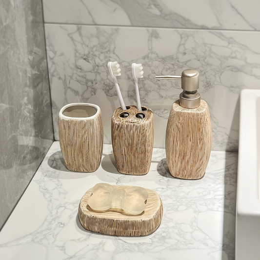 Ceramic Bathroom Accessory Set with Wood Grain Finish
