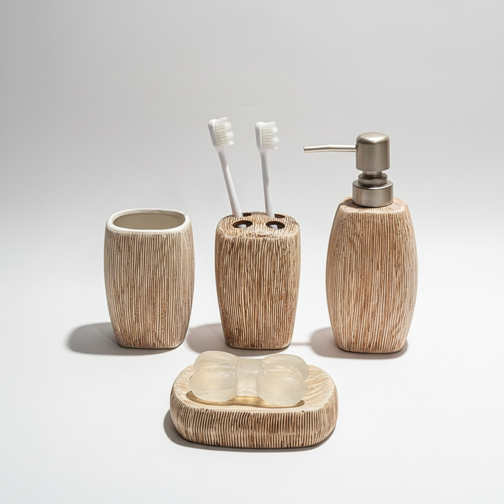 Ceramic Bathroom Accessory Set with Wood Grain Finish