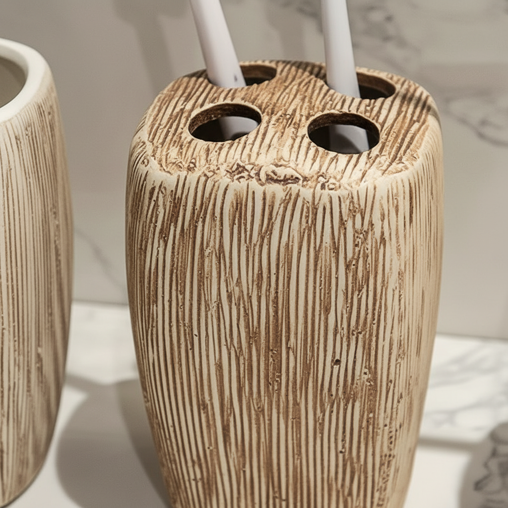Ceramic Bathroom Accessory Set with Wood Grain Finish