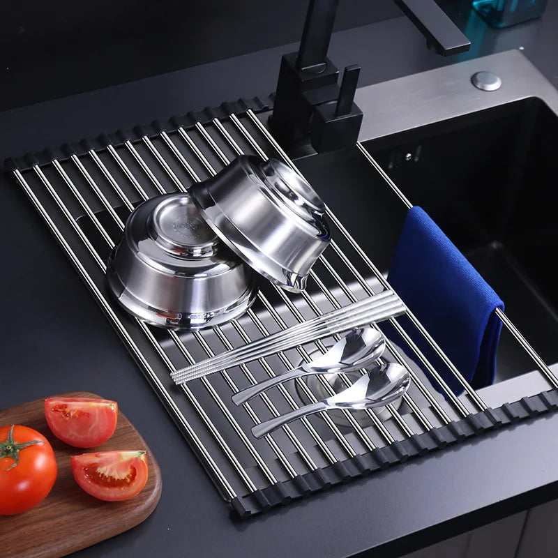 Stainless Steel Collapsible Dish Rack with Utensil Storage