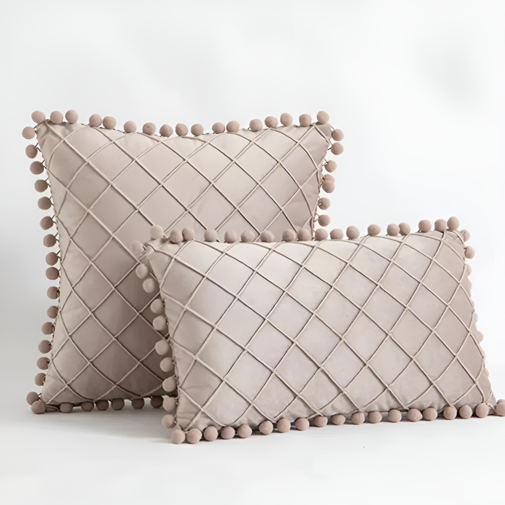 Quilted Velvet Cushion Cover with Wool Ball Design