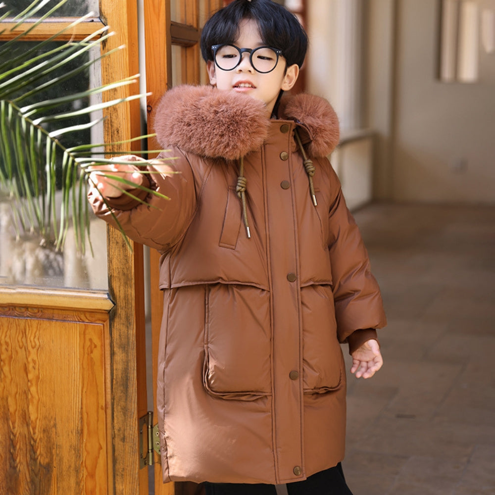 Long Cut Winter Jacket for Boys and Girls with Fur Collar