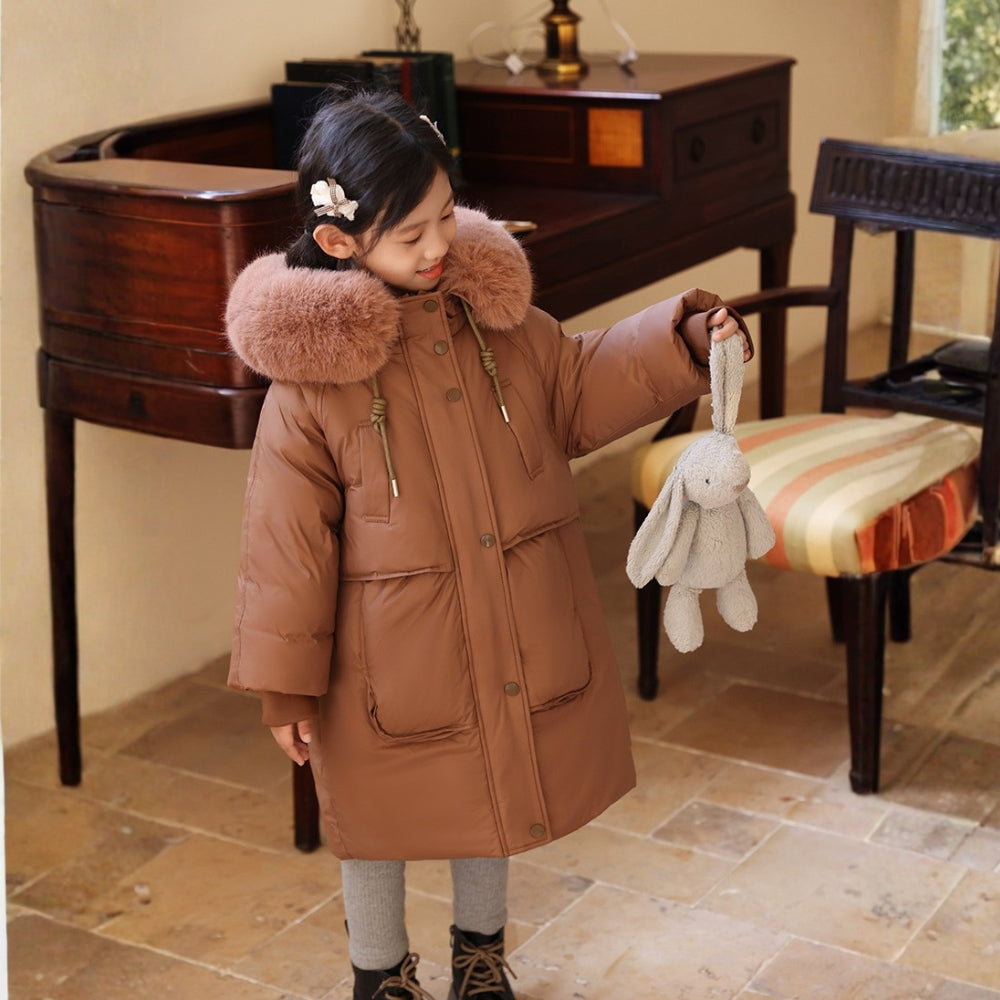 Long Cut Winter Jacket for Boys and Girls with Fur Collar