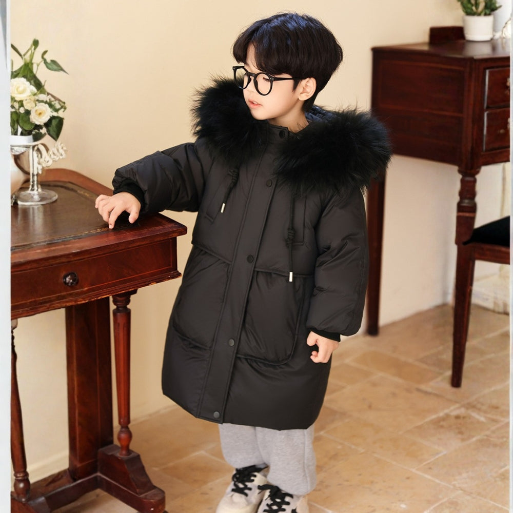 Long Cut Winter Jacket for Boys and Girls with Fur Collar