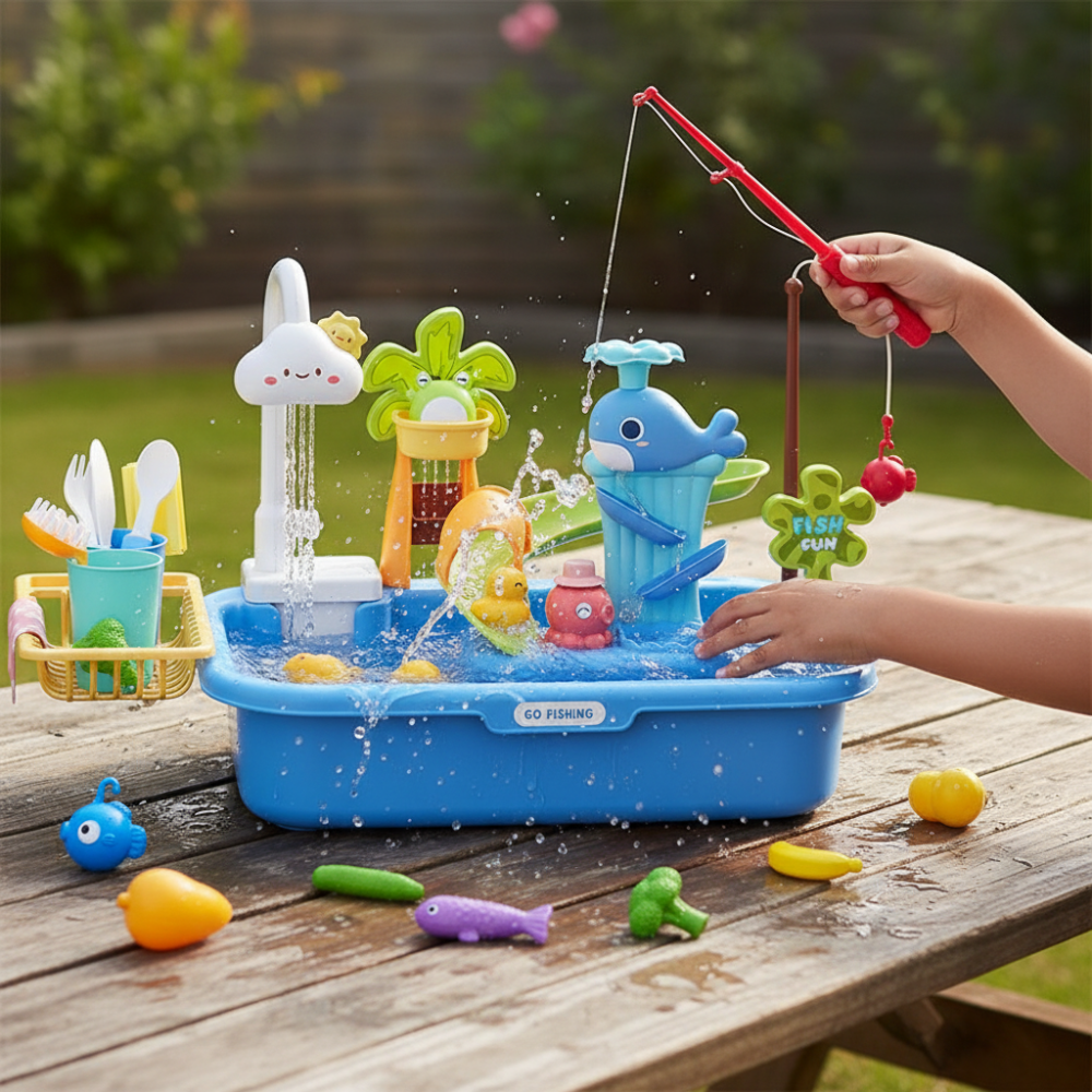 Kids Play Kitchen Sink Toy with Real Running Water and Cooking Accessories